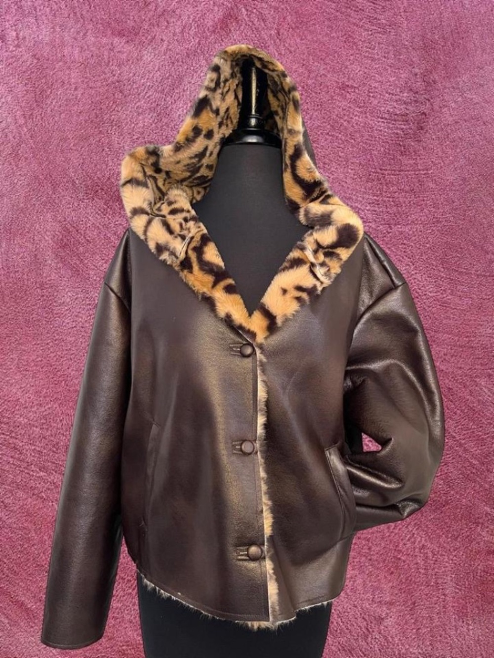 Marc New York Brown Faux Leather Jacket with Leopard Print Interior